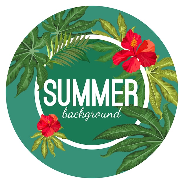 Fundo de verão com folhas tropicais e ilustração vetorial de flor vermelha em círculo redondo. Folhagem da selva em pôster com flor de hibisco