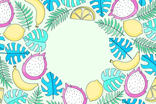 Fundo de verão tropical desenhado à mão com frutas