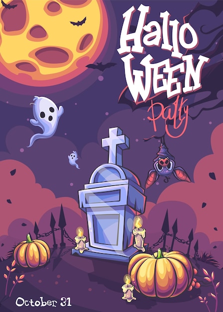 Fundo de vetor de festa de Halloween com abóbora, lápide, fantasma, lua, árvore de bastão de vela