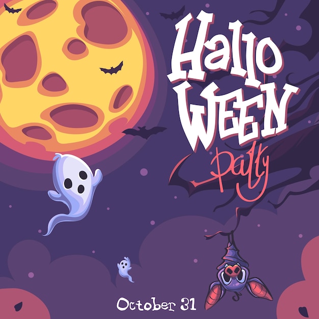 Fundo de vetor de festa de Halloween com fantasma, lua, morcego