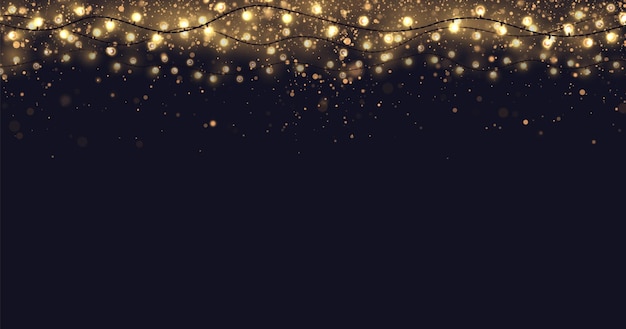 Fundo de vetor festivo com glitter dourado e confete para celebração de natal fundo escuro com partículas douradas brilhantes e guirlandas de lâmpadas