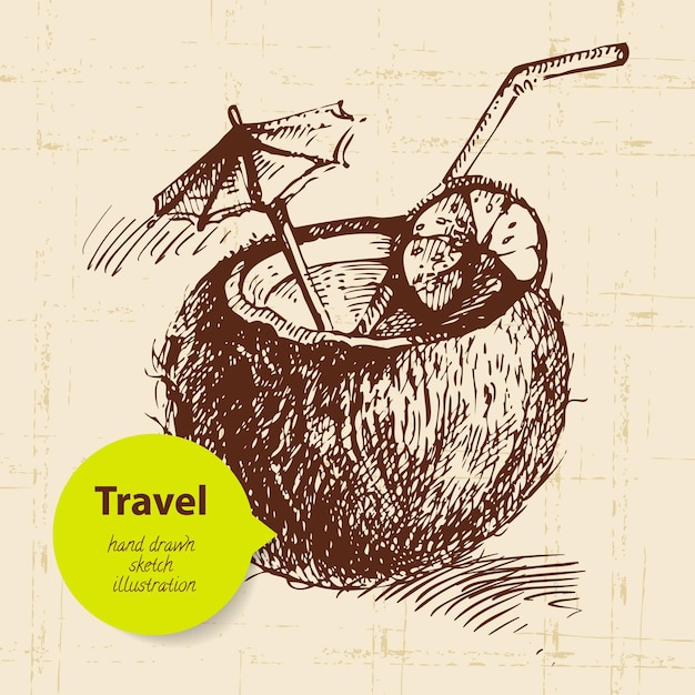 Fundo de viagens vintage com coquetel de coco. ilustração desenhada à mão