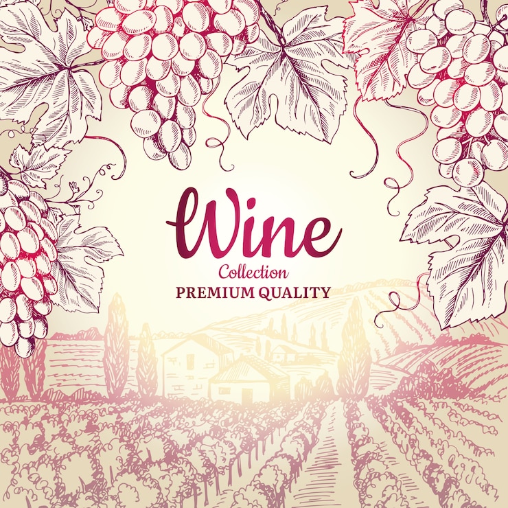 Vetor fundo de vinho. uvas folhas ramo garrafas saca-rolhas símbolos para menu de restaurante de quadro