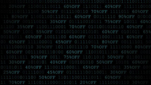 Vetor fundo de zeros uns e quantidade de desconto em cores azuis claras escuras