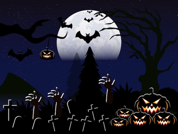 Fundo decorativo de Halloween com várias árvores e sepultura.