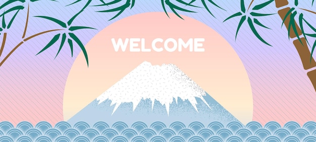 Fundo decorativo de viagem modelo de escritório turístico cartaz de anúncio de boas-vindas com montanha de neve e plantas de bambu paisagem gráfica vetor de turismo asiático