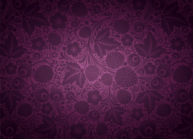 Fundo decorativo em magenta rosa escuro com flores e bagas ao estilo do russo khokhloma