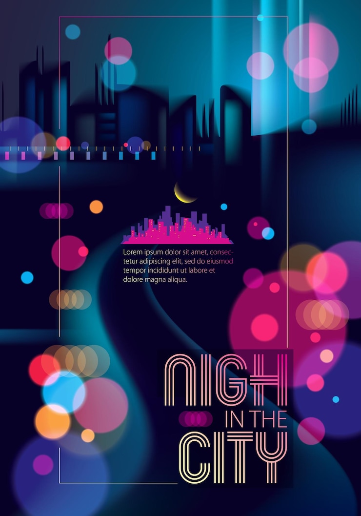 Vetor fundo desfocado do bokeh de luz da noite urbana abstrato. fundo bonito do vetor do efeito. desfocar o fundo escuro colorido com paisagem urbana, skyline de silhuetas de edifícios. brochura, panfleto, capa, pôster o