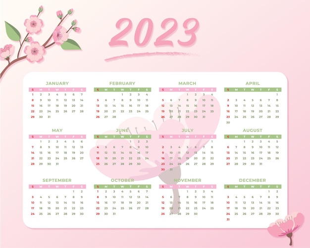 Fundo do calendário do ano novo da flor de cerejeira do vetor 2023