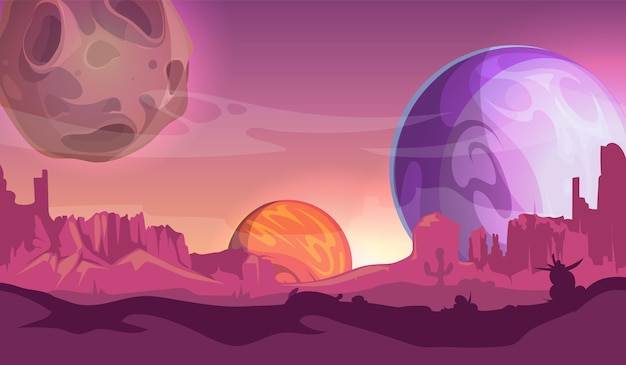 Fundo do Cosmos. Universo, vista de outros planetas. Espaço dos desenhos animados, ilustração vetorial do mundo mágico