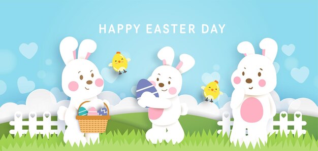 Fundo do dia de Páscoa e banner com coelhos fofos e ovos de Páscoa