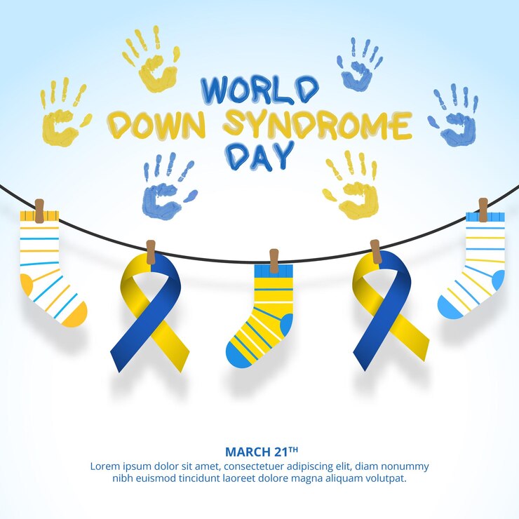 Vetor fundo do dia mundial da síndrome de down quadrado com fitas e meias em um cordão de roupa