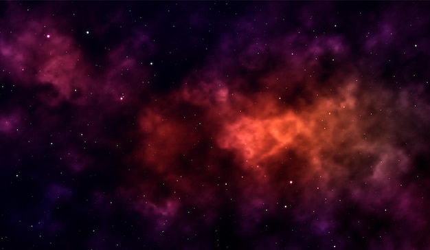 Fundo do espaço Vista exterior fantástica com estrelas brilhantes realistas e aglomerado de nuvens de gás. Universo com nebulosas, galáxias e aglomerados estelares. Espaços abertos cósmicos infinitos. ilustração vetorial