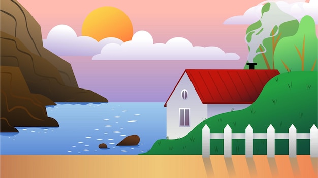 Fundo do jogo 2d, paisagem de uma pequena casa perto do lago