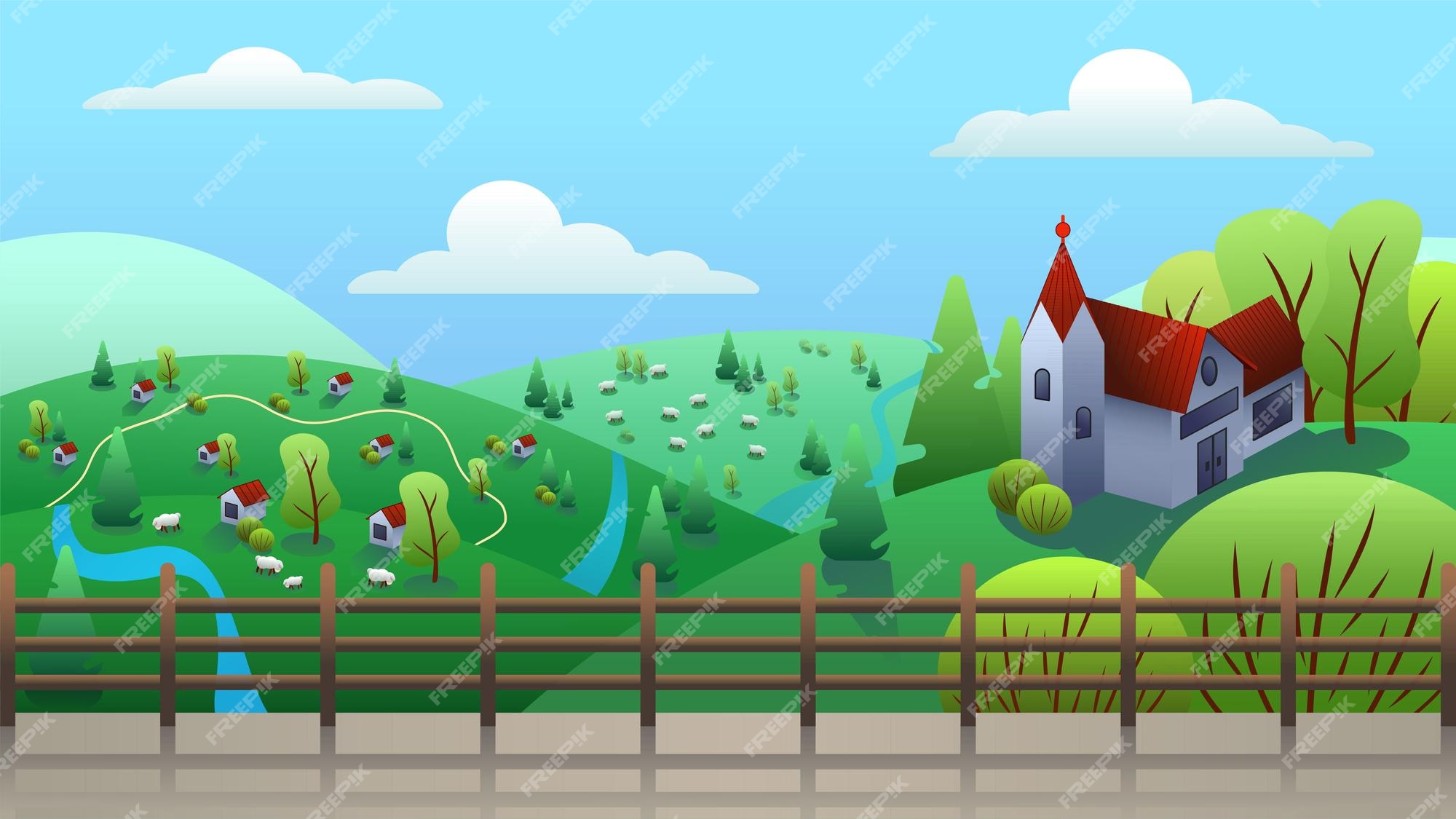 Fundo do jogo 2d, paisagem de uma pequena casa perto do lago