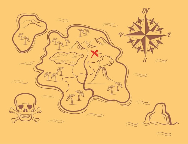 Vetor fundo do mapa pirata. papel medieval antigo indicando a ilha do tesouro