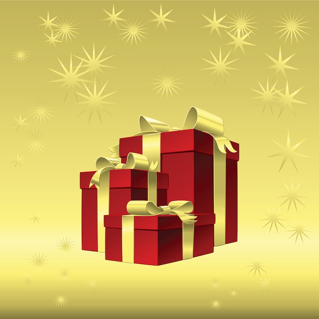 Fundo dourado do Natal do vetor - caixa de presente vermelha com laço de fita de ouro
