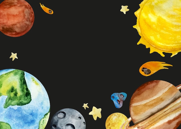 Fundo e convite de aniversário do sistema solar para crianças em aquarela e planetas