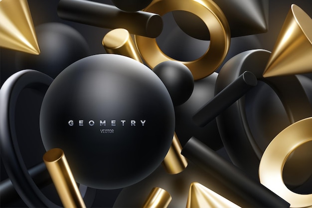 Vetor fundo elegante abstrato com formas geométricas em 3d fluidas em preto e dourado