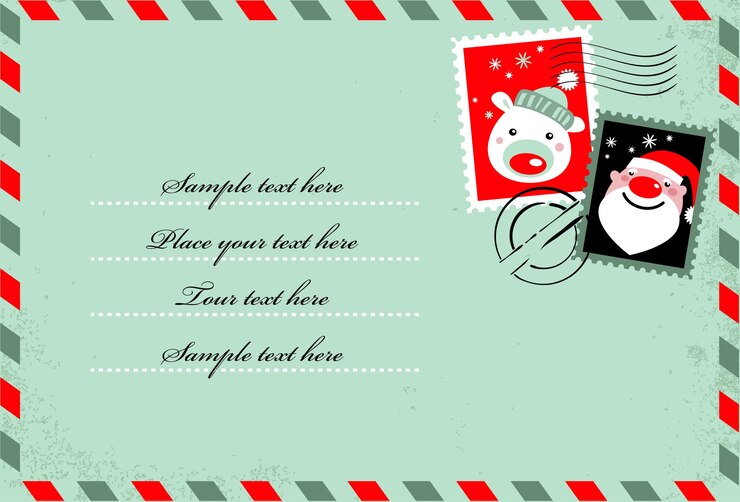 Vetor fundo em forma de letra com bonitos selos de natal. ícones de papai noel e urso polar