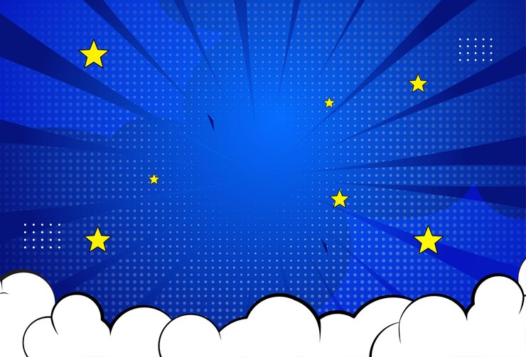 Vetor fundo em quadrinhos moderno com vetor de gradiente azul de nuvens e estrelas eps 10