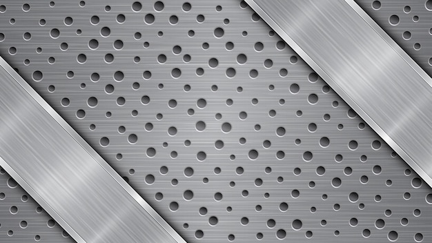Vetor fundo em tons de cinza composto por uma superfície metálica perfurada com furos e uma placa polida com brilhos de textura metálica e bordas brilhantes