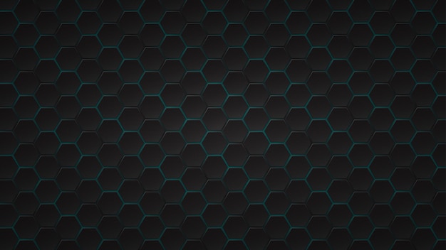 Fundo escuro abstrato de ladrilhos hexagonais pretos com lacunas em azul claro entre eles