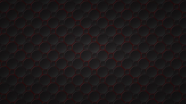 Fundo escuro abstrato de octógono preto e ladrilhos quadrados com lacunas vermelhas entre eles