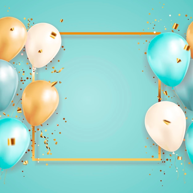 Vetor fundo festivo com confete e balões e moldura dourada