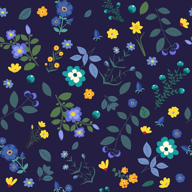 Fundo floral azul sem costura em vetor de design plano