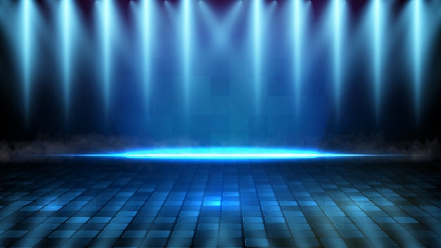 Vetor fundo futurista abstrato de palco vazio azul e fundo de palco de holofotes de iluminação de néon