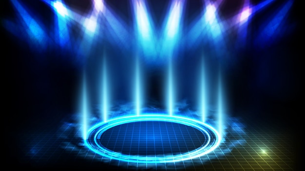Fundo futurista abstrato do palco vazio azul e círculo de iluminação neon com fumaça