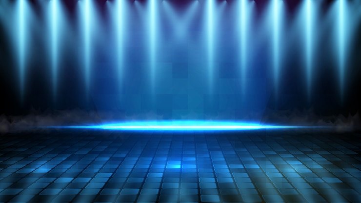 Vetor fundo futurista abstrato do palco vazio azul e fundo do palco com holofotes de iluminação de néon