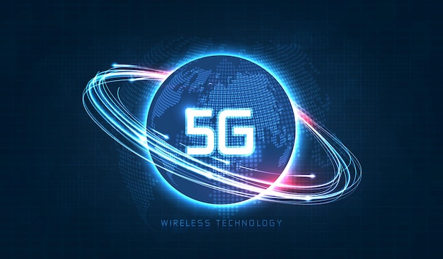 Fundo futurista de linha de velocidade de fibra óptica de raia de luz azul para 5g ou 6g tecnologia de transmissão de dados sem fio internet de alta velocidade em design de vetor de conceito de rede de internet abstrato