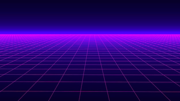 Fundo futurista em estilo retrô paisagem de grade digital dos anos 80 fundo vetorial para festa