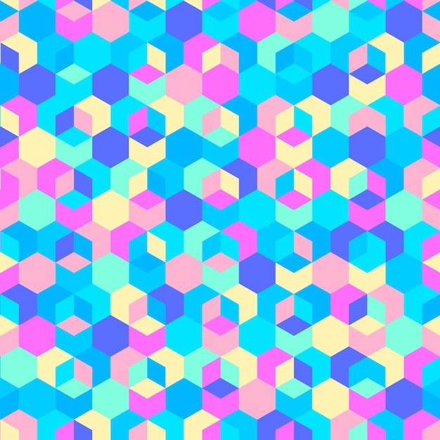 Fundo geométrico abstrato com hexágonos brilhantes cores neon dos anos 80