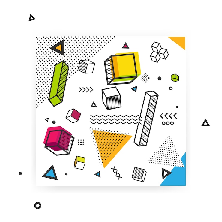 Vetor fundo geométrico da pop art com elementos gráficos coloridos.