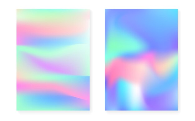 Fundo gradiente holográfico com cobertura de holograma. Estilo retro dos anos 90, 80. Modelo gráfico Pearlescent para folheto, banner, papel de parede, tela do celular. Gradiente holográfico mínimo fluorescente.