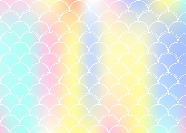 Fundo gradiente sereia com escalas holográficas. Transições de cores brilhantes. Bandeira de cauda de peixe e convite. Padrão subaquático e mar para festa de menina. Cenário de néon com gradiente sereia.