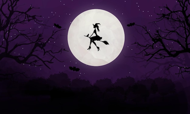 Vetor fundo halloween com lua cheia e bruxa em uma noite estrelada desenhada à mão