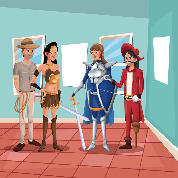 Vetor fundo interior da casa com pessoas do grupo do corpo inteiro em traje halloween