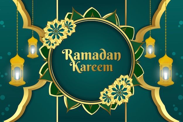 Fundo islâmico à moda de ramadan kareem com cor verde e ouro da flor