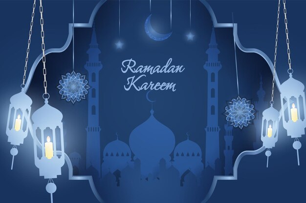 Fundo islâmico de ramadan kareem azul com mesquita e elemento de linha