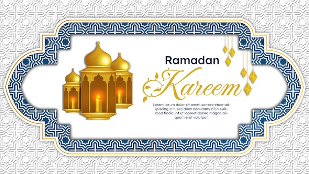 Fundo islâmico do Ramadã branco e azul com padrão árabe e lanterna