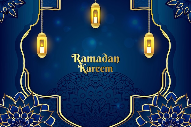 Fundo islâmico do Ramadã cor azul e ouro com elemento