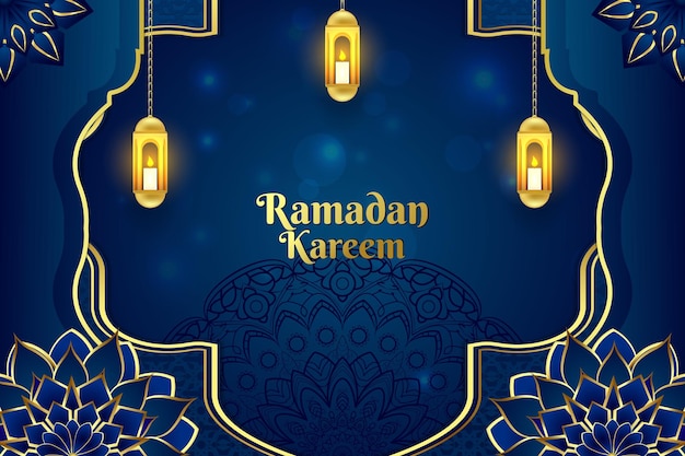 Fundo islâmico do ramadã cor azul e ouro com elemento