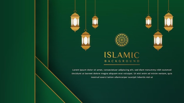 Vetor fundo islâmico verde de luxo com padrão de borda de ornamento dourado