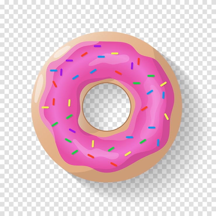 Vetor fundo isolado de rosquinha rosquinha rosa fofa rosquinha colorida e brilhante com esmalte rosa e pó multicolorido ilustração vetorial realista