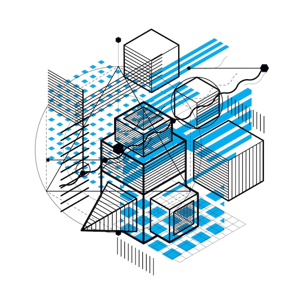 Vetor fundo isométrico 3d vetor abstrato. layout de cubos, hexágonos, quadrados, retângulos e diferentes elementos abstratos.