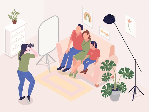 Fundo isométrico da sessão de fotos com fotógrafa profissional convidada fotografando a família sentada no sofá na ilustração vetorial de interiores em casa